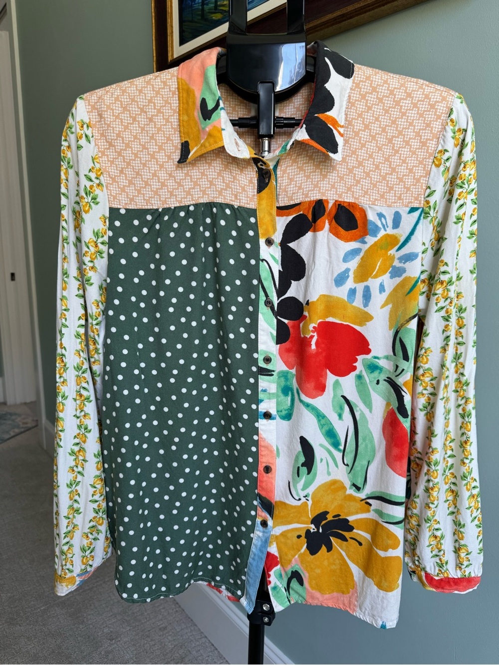 Anthropologie Maeve "The Paz" Mixed Print Patchwork Button Down Blouse Sz Large